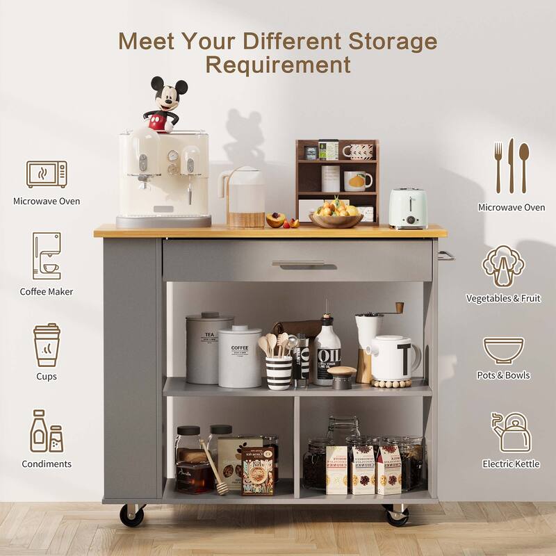 Kitchen Island with Towel Rack – Mobile Cart with Rubber Wood Top, Easy-Glide Storage