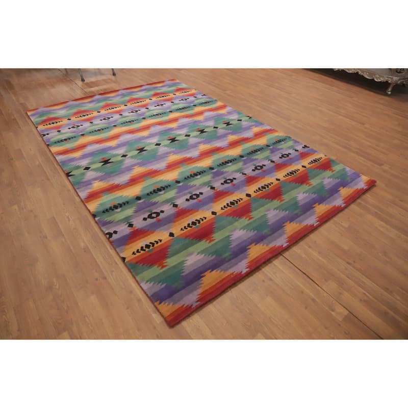 Hand-knotted Tribal Wool Purples Geometric Oriental Area Rug - 9' 0'' X 6' 1''