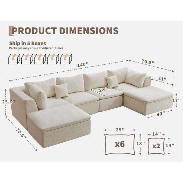 dimension image slide 2 of 3, 140" U-Shaped Modular Sectional Sofa, 6-Seater Oversized Chenille Couch with Double Chaise, Ottoman & Pillows