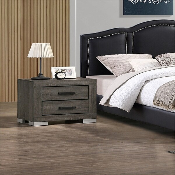 Grey Wood Nightstand With 2 Drawers and Black Handles Bed Bath