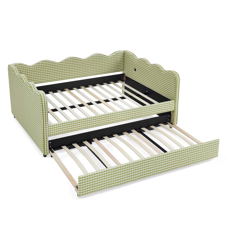 Full Size Gingham Daybed with Twin Trundle, USB Port, Wave Shaped Design & Linen Fabric - No Box Spring Needed