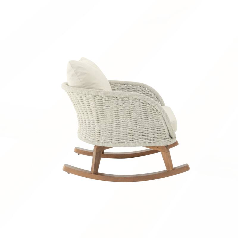 Contemporary Minimalist Beige Wicker Rocking Chair with Soft Polyester Cushions and Durable Wooden Frame