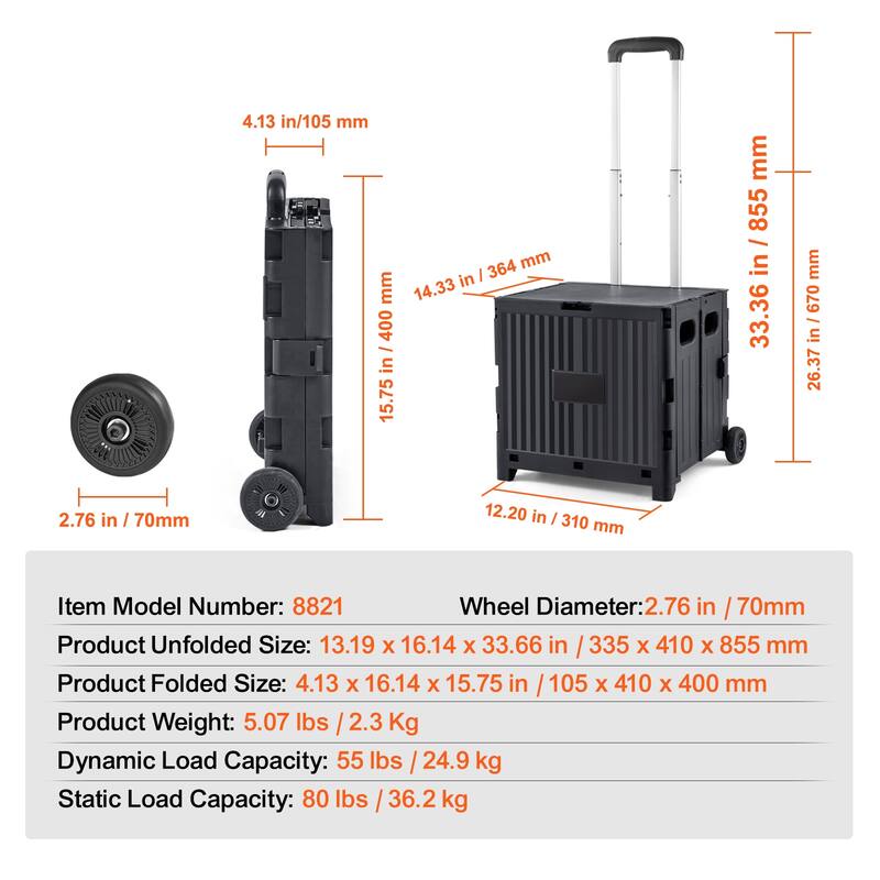 Foldable Utility Cart, 80 lbs Load Capacity, Folding Portable Rolling Crate Handcart with Durable Heavy Duty Telescoping Handle