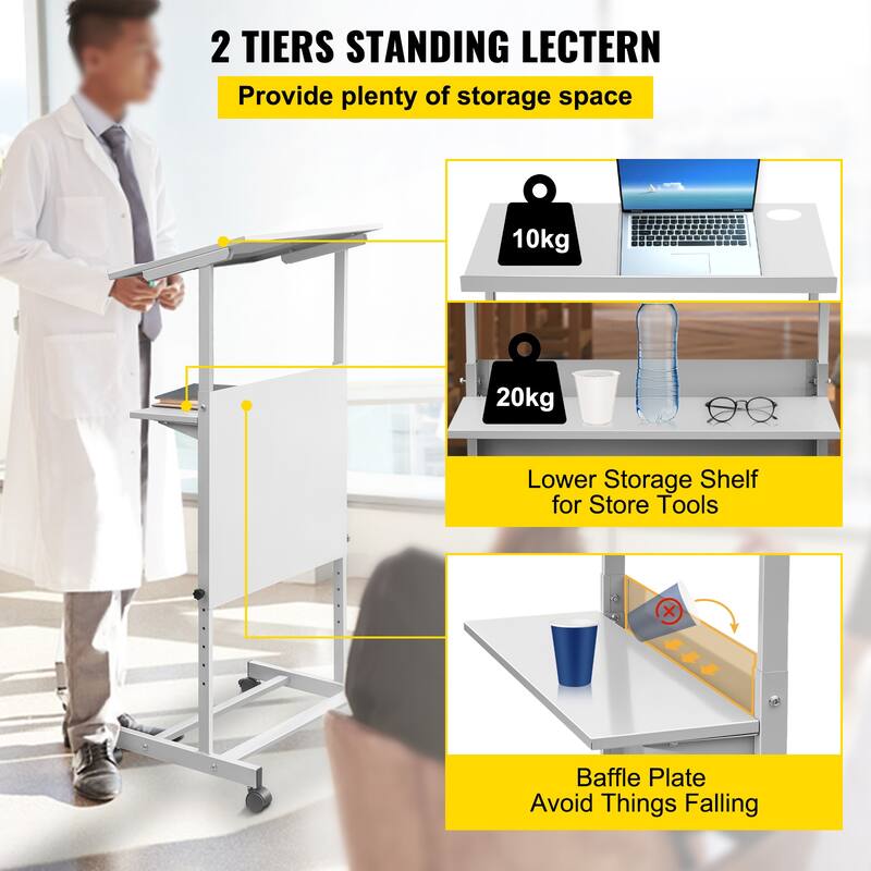 Stand Up Lectern, Height Adjustment Portable Pulpit, Lectern Podium with 4 Rolling Casters, Lower Storage Shelf