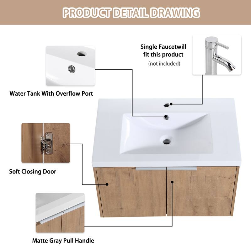 Bathroom Vanity With Sink In 24/30/36 Inch, Floating Bathroom Vanity With Soft Close Door