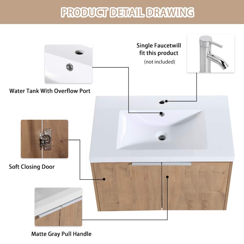 Beingnext 24"/30"/36" Bathroom Vanity with Sink, Floating Bathroom Vanity with 2 Soft Close Doors