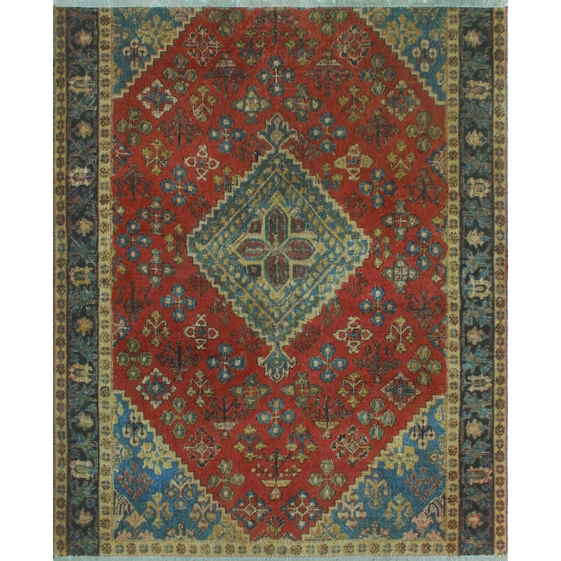 Vintage Distressed Burcu Red/Charcoal Rug - 4'2" x 5'1"