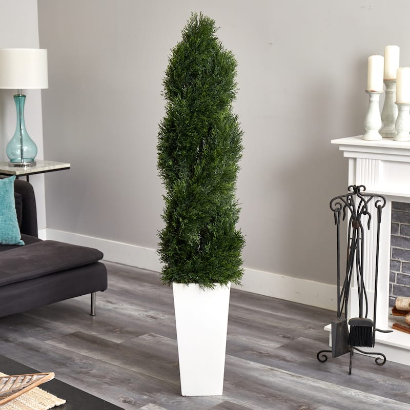 5.5ft Double Pond Cypress Spiral Artificial Tree in White Tower Planter with UV Resistant Greenery for Indoor or Patio