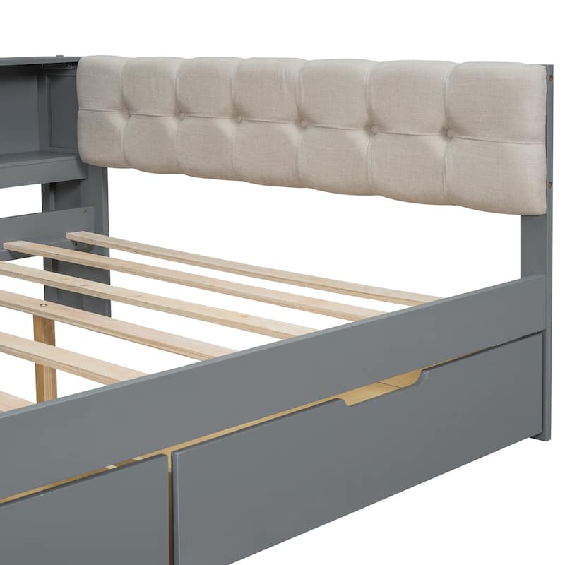 Wood Full Size Platform Bed with Storage Shelves, Drawers, Charging Station and Upholstered Headboard