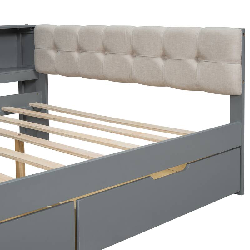 Wood Platform Bed Twin/Full Cream Gray Linen Headboard 2 Drawers Charging Station