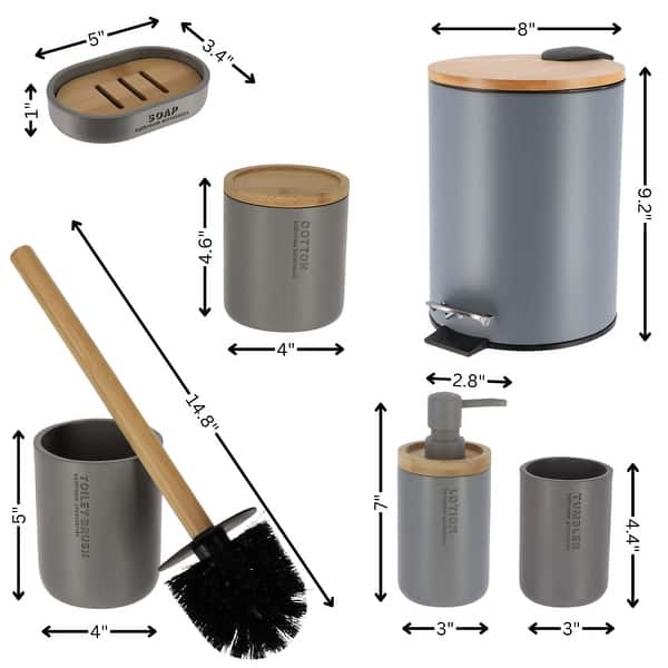 dimension image slide 6 of 9, Bathroom Accessories with Natural Accents, Modern 6-piece Set