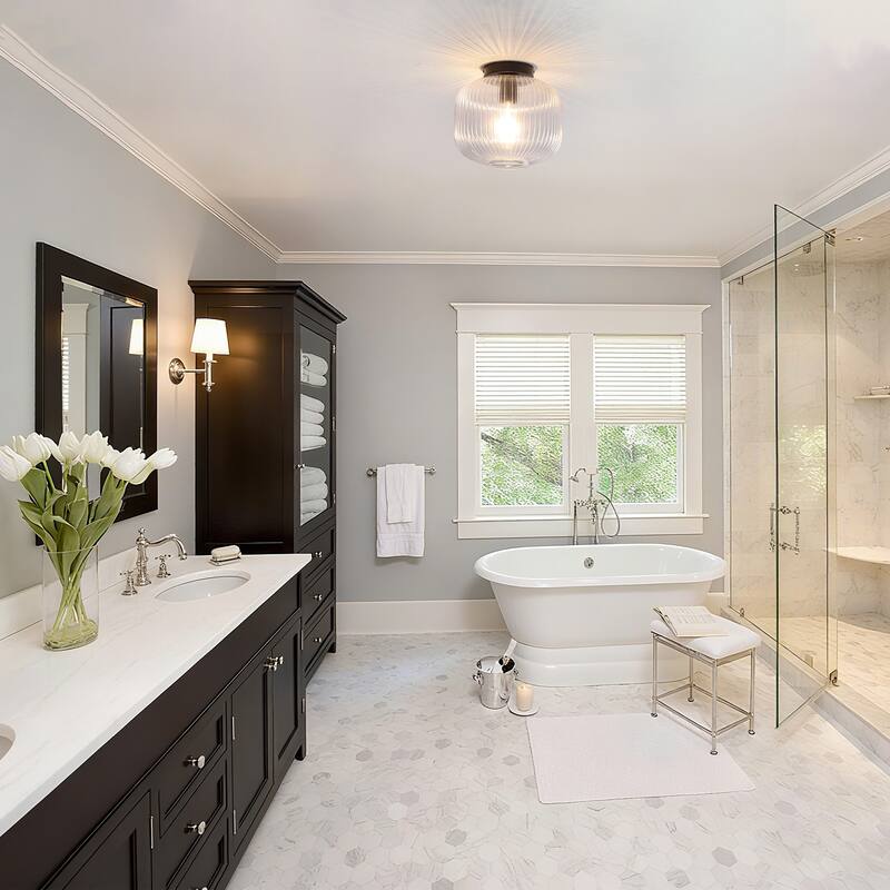 1-Light Mid-Century Modern Ribbed Glass Flush Mount Light