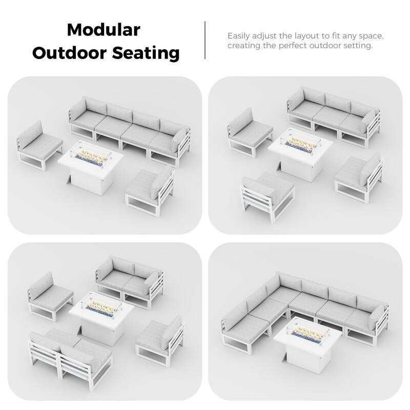 7 Piece Aluminum Patio Furniture Set with Fire Pit Propane/Natural Gas, 29 inch Deep Wide Seat Aluminum Outdoor Sectional