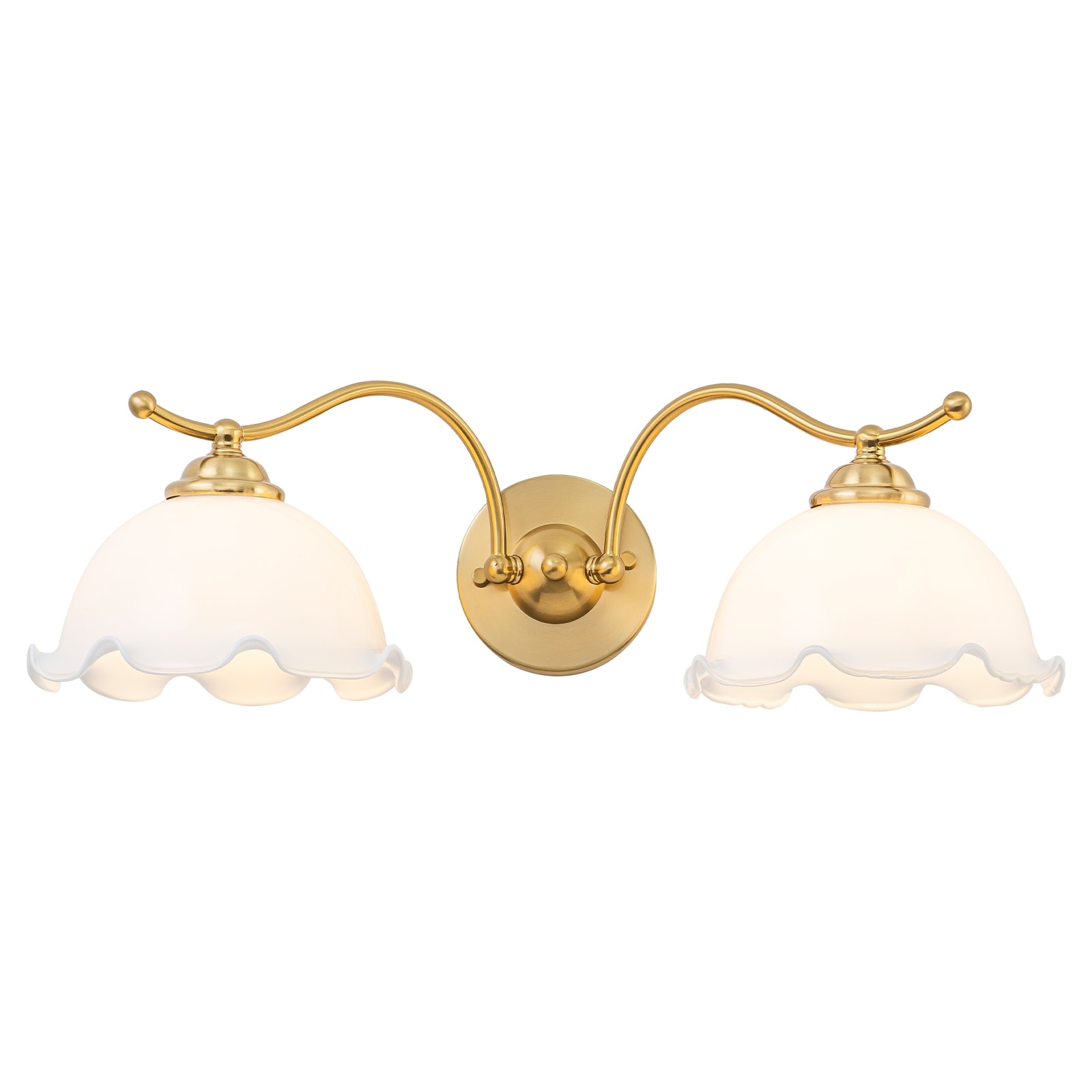 2-Light Gold Metal Wall Sconce with Flower Milky White Glass Shades