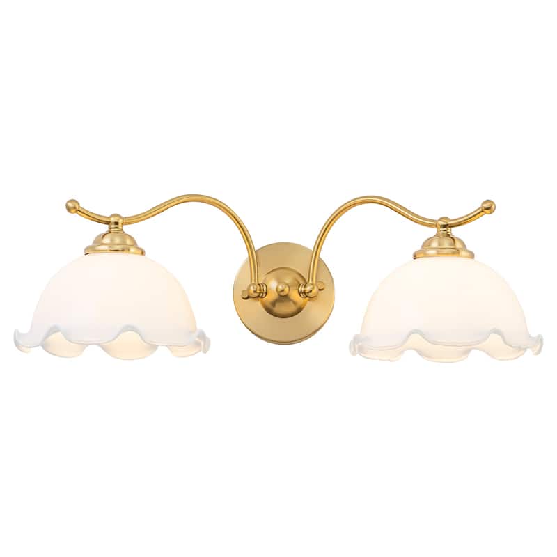 2-Light Gold Metal Wall Sconce with Flower Milky White Glass Shades - Gold