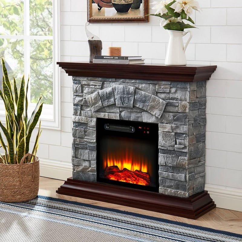 40 in. Faux Stone Freestanding Electric Fireplace - 40" in Width - Grey
