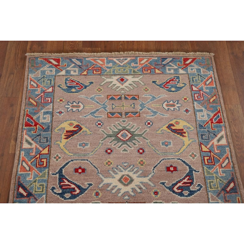 Geometric Kazak Oriental Runner Rug Handmade Red Wool Carpet - 2'7" x 9'7"
