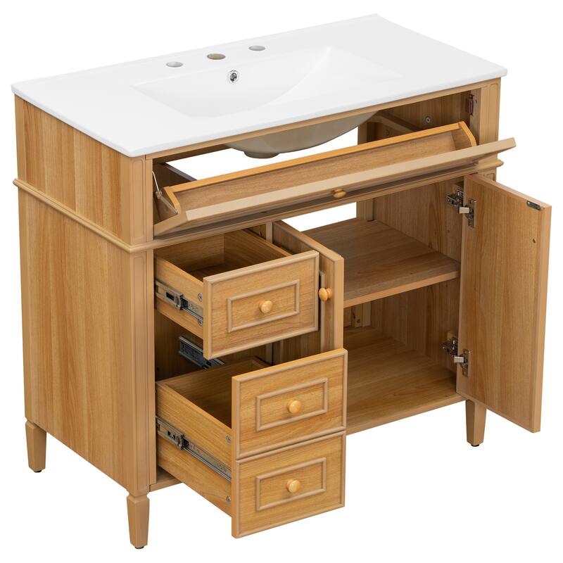 36" Bathroom Vanity with Sink, Solid Wood Frame Bathroom Storage Cabinet, Natural Wood - 36 Inch