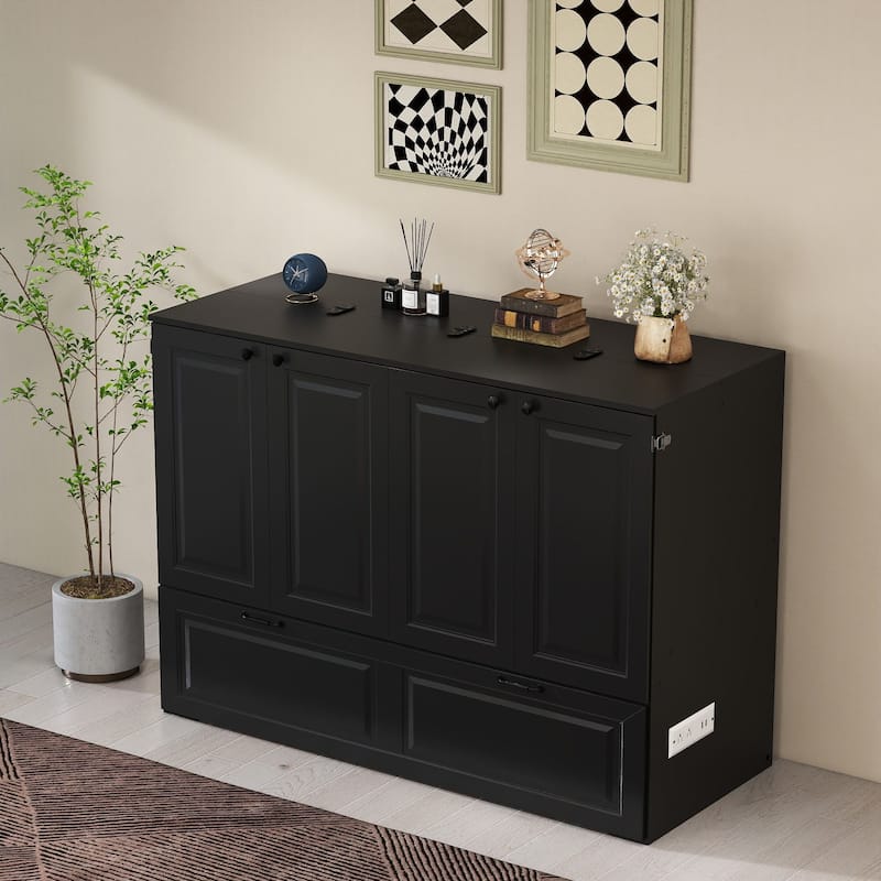 Murphy Bed Cabinet with Charging Port and Storage Drawer, White