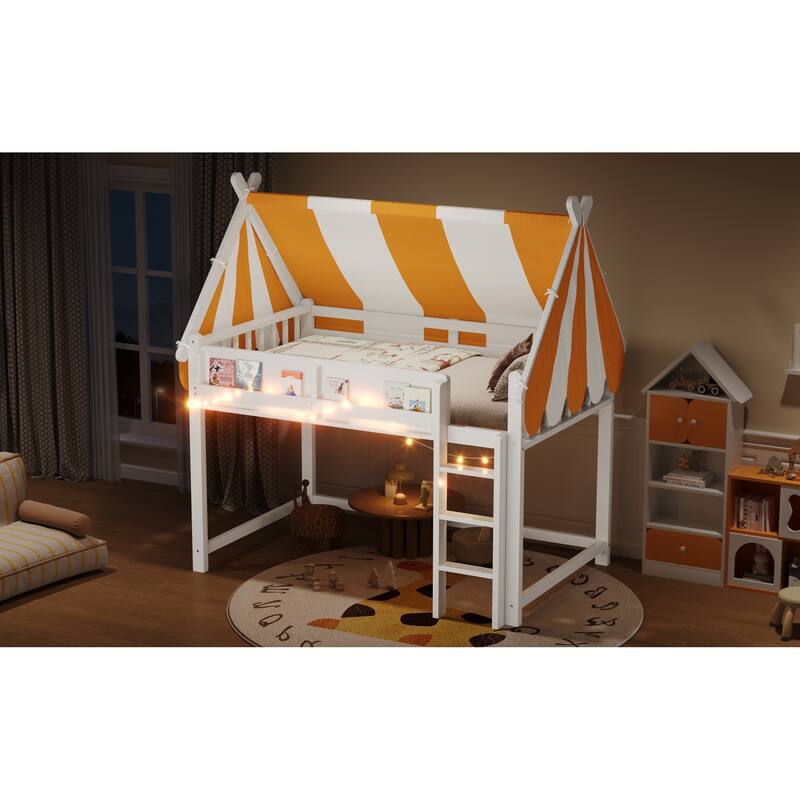 Roomfitters Twin/Full Size Loft Bed with Canopy, LED Lights and Book Shelf