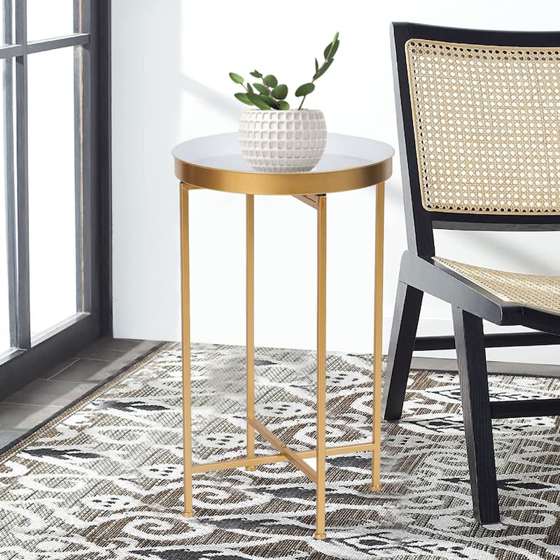 Adeco Round End Table Gold Metal Side Nightstand Accent Coffee Tables - 15""(D)x 15""(W)x 25.7""(H)