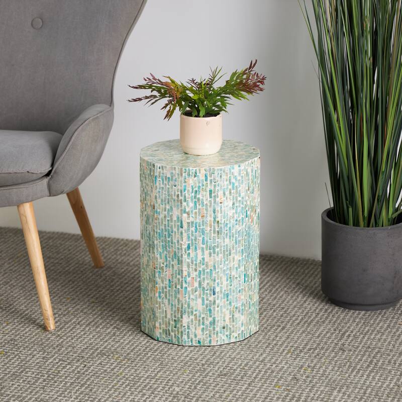 Mother of Pearl Shell Handmade Mosaic Inlay Drum Side End Accent Table - Blue - Roche River Decor