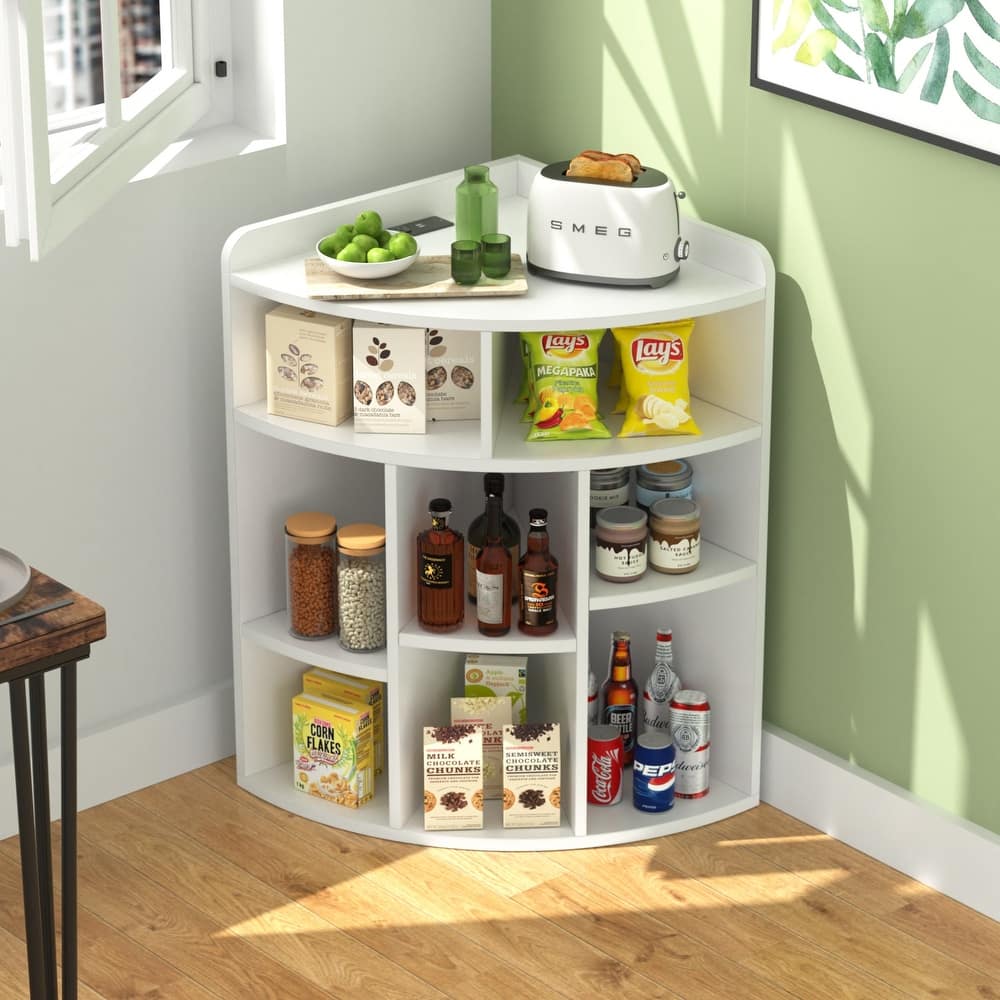 VECELO 4-Tier Adjustable Corner Bookshelf with Charging Station 3 AC Outlets & 2 USB Ports Waterproof Eco-Friendly Design