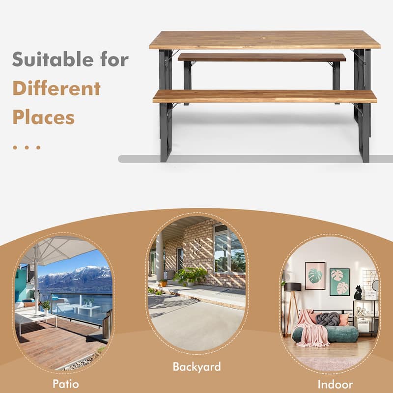 Costway 3 PCS Outdoor Acacia Wood Patio Dining Table Bench Set with - 67'' x 30.5'' x 29.5'' (L x W x H)
