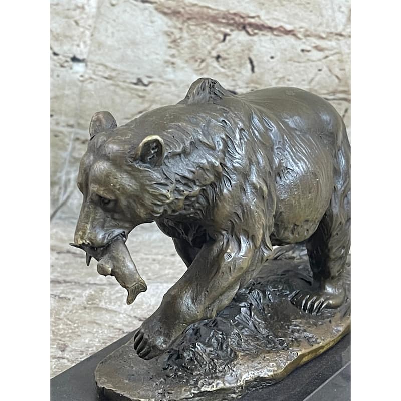 Bronze Grizzly Bear Hunting Fish River Sculpture Art Figurine Marble Base Figure