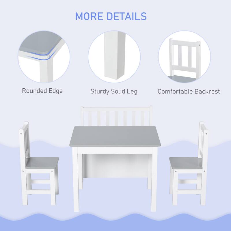 Kids Activity Table Set with Storage Bench and Chairs Pinewood MDF Durable Playroom Furniture for Children Ages 3 and Up