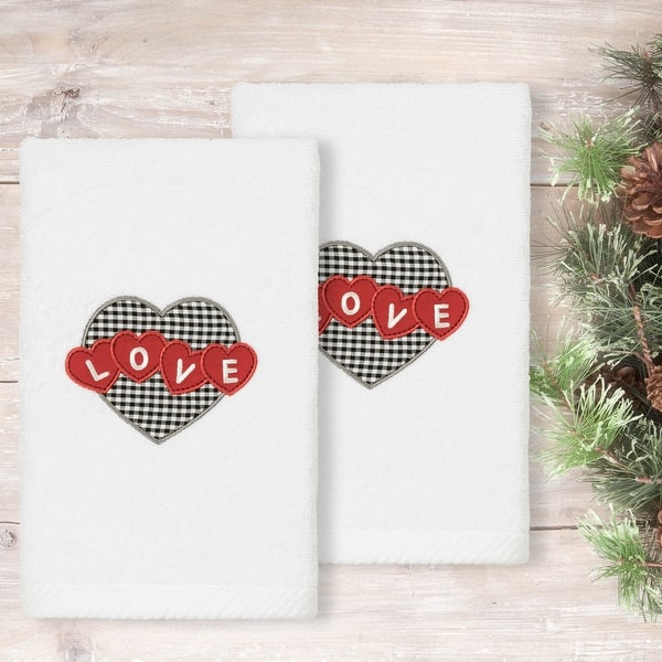 slide 1 of 6, Authentic Hotel and Spa Love Hearts Embroidered Luxury 100% Turkish Cotton Hand Towels (Set of 2)