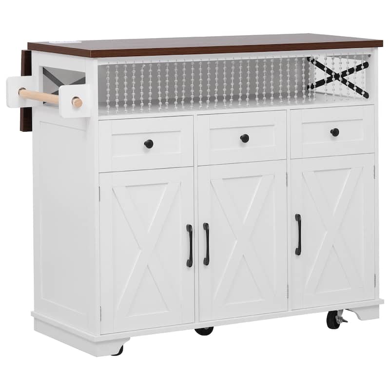 46.5''Farmhouse Kitchen Island with Drape of Beads, Power Outlet,Rolling Kitchen cart on Wheels with Drop Leaf,3 Doors,3 Drawers