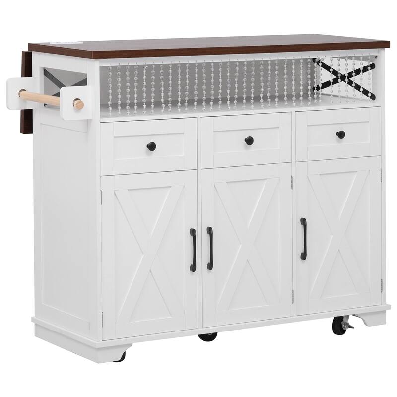 Farmhouse Kitchen Island with Drop Leaf, 3 Drawers and Internal Iron Shelf, Rolling Storage Cabinet w/Drape Beads & Power Outlet
