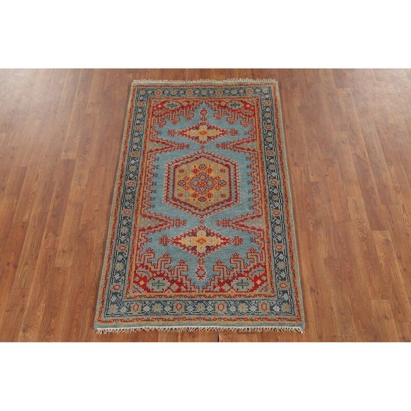 Light Blue Geometric Viss Indian Accent Rug Hand-Knotted Wool Carpet - 3'0"x 5'0"