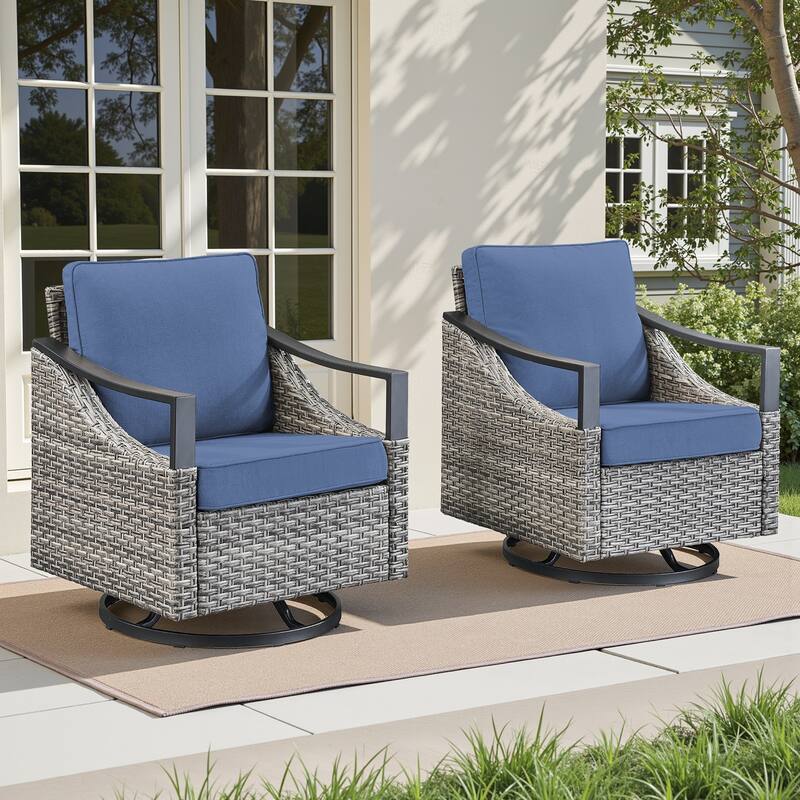 Pocassy Outdoor Sofa Swivel Patio Chair Table with Ottoman Set - Gray Wicker Blue Cushion - 2-Piece Swivel Chair with Thick Cushions