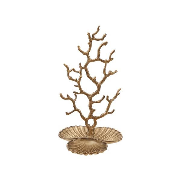 slide 1 of 1, Metal Coral-Shaped Jewelry Holder with Shell Base and 3 Sections - 6.63"L x 6.25"W x 11.63"H Antique Brass