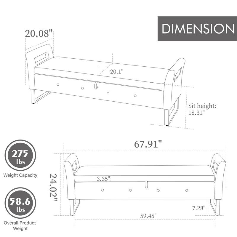67.91" Velvet Storage Bench with Armrests and Wood Frame for Bedroom