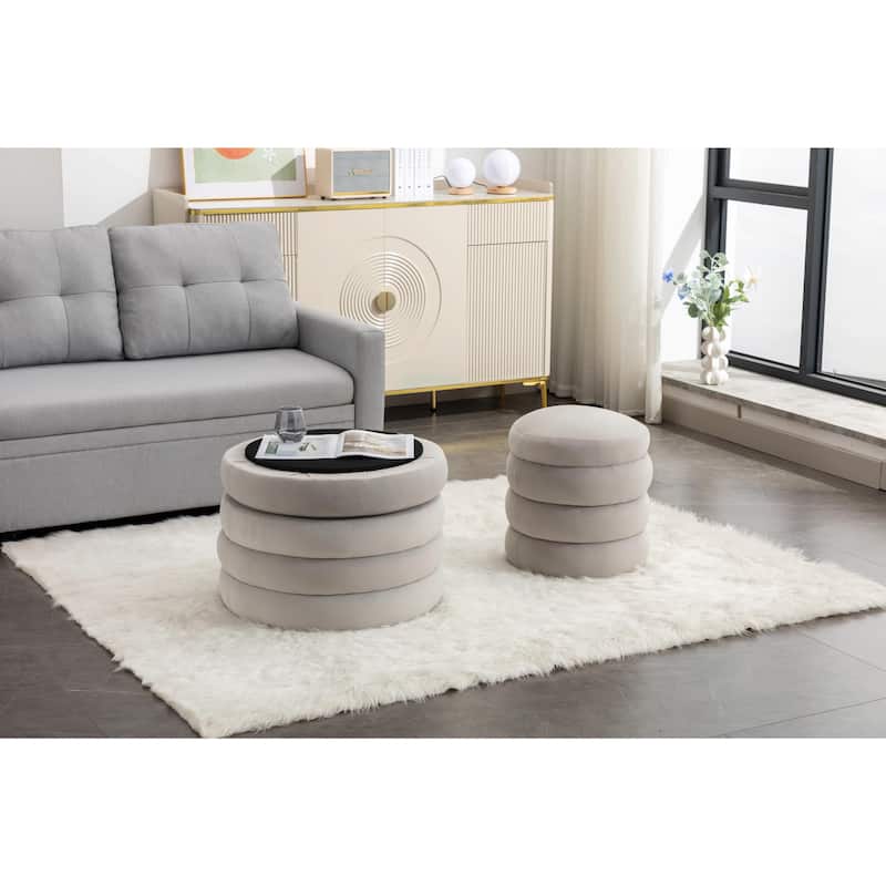 Boucle Fabric Storage Ottoman Footstool with Wooden Shelving