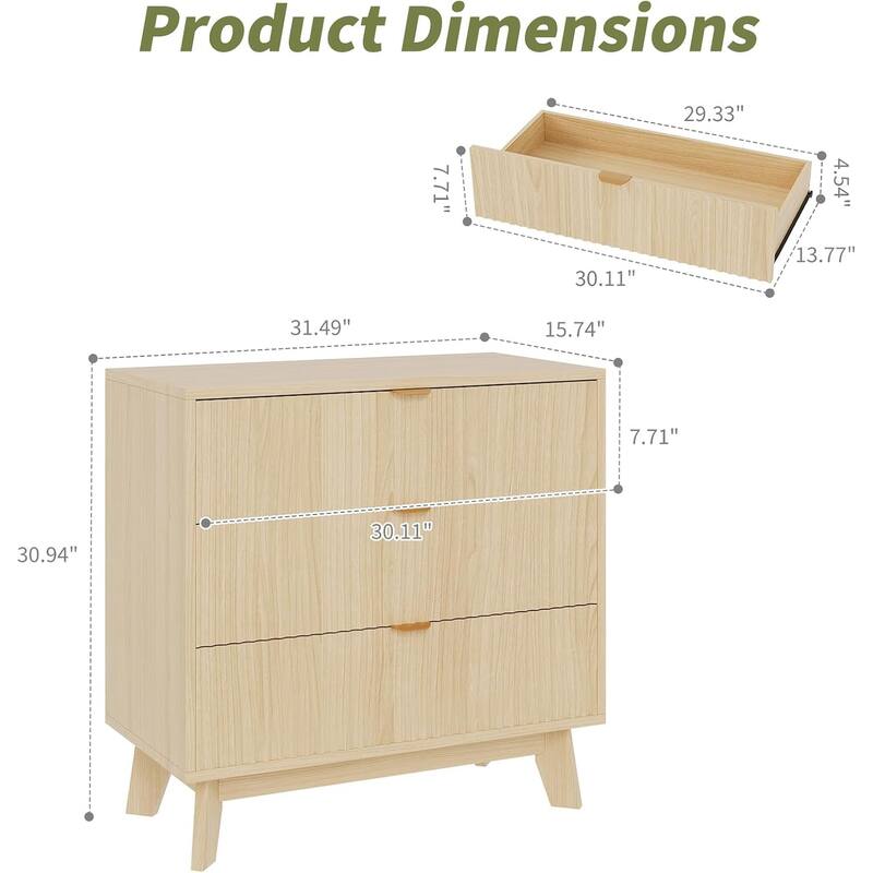 3 Drawer Dresser Set of 2, Mid Century Modern Dresser Drawers, Waveform Fluted Side Table