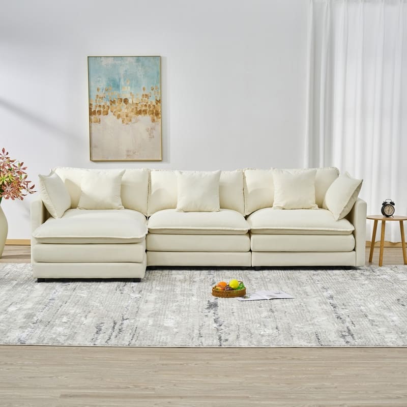 110.2" Chenille Three Seater Upholstered Sofa, Ottoman - White