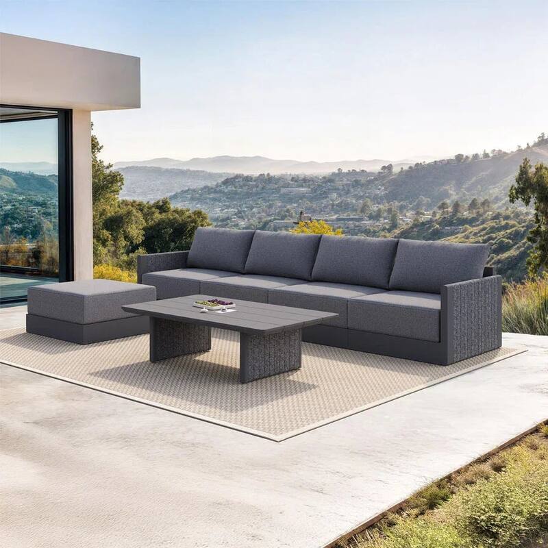 PURPLE LEAF Santorini 4-10 Piece Grey Patio Sectional Sofa Set with Ottoman Cushions Poolside Garden Outdoor Conversation Sets - 5Piece+1Table