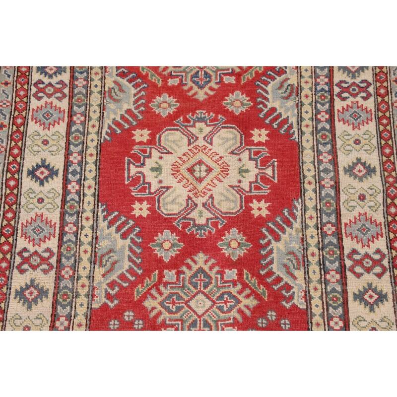 Geometric Kazak Accent Rug Handmade Red Wool Carpet - 3'2"x 5'0"