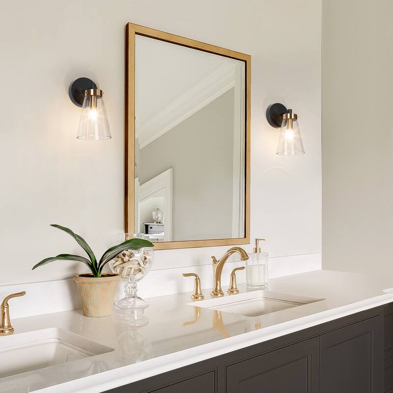 Glint 1-Light Black Gold Armed Wall Sconce Clear Glass Bathroom Vanity Light - 5'' L x 6.5'' W x 10'' H