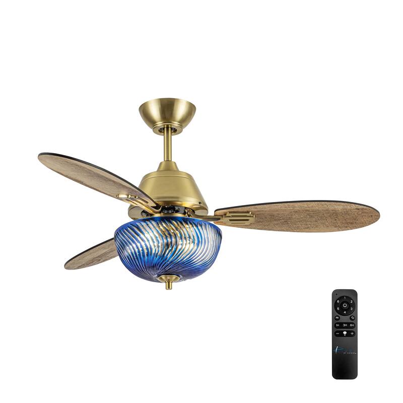 Coco River of Goods 3-blade 42-inch Glam Indoor Ceiling Fan with Blue Hand-Cut Glass Shade and Remote Control - 42" x 42" x 18.75" - Blue/Gold - Remote