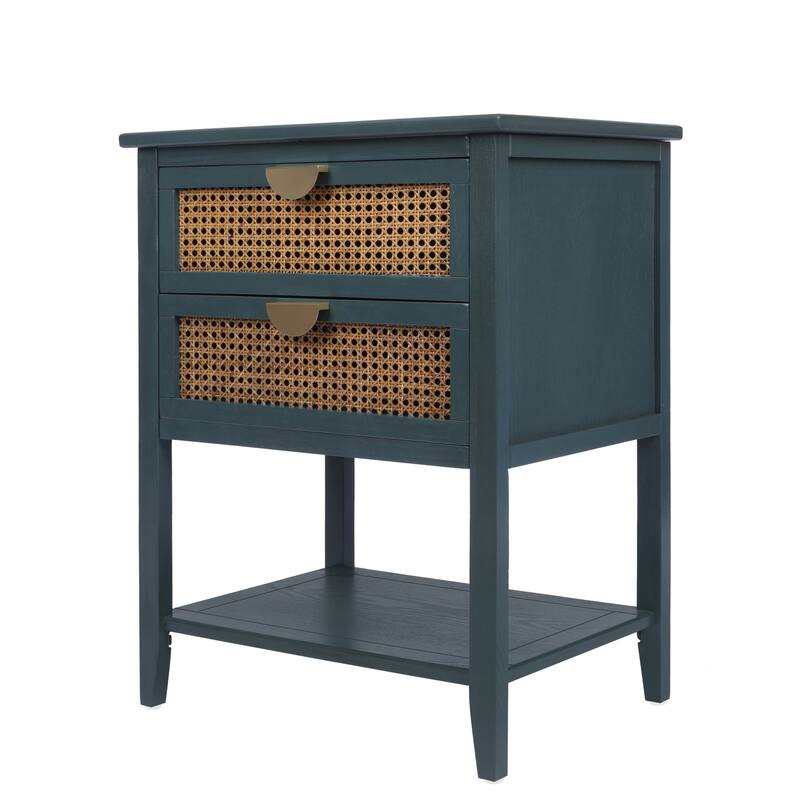 Roomfitters 2 Drawer Side Table, Rattan Nightstand End Table with Storage for Bedroom, Living Room