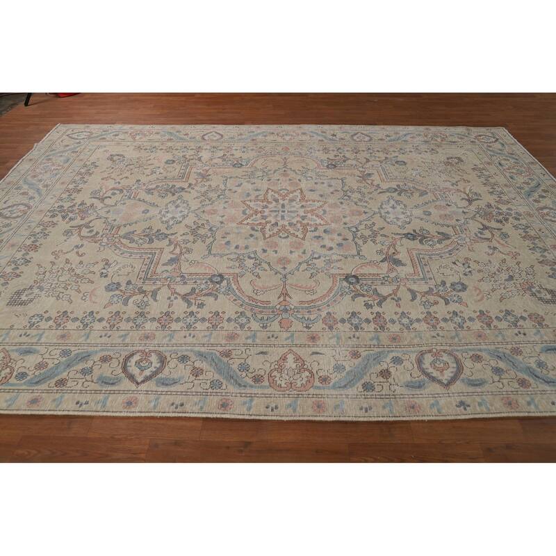 Tabriz Persian Area Rug Handmade Traditional Beige Floral Wool Carpet - 8'0"x 10'11"