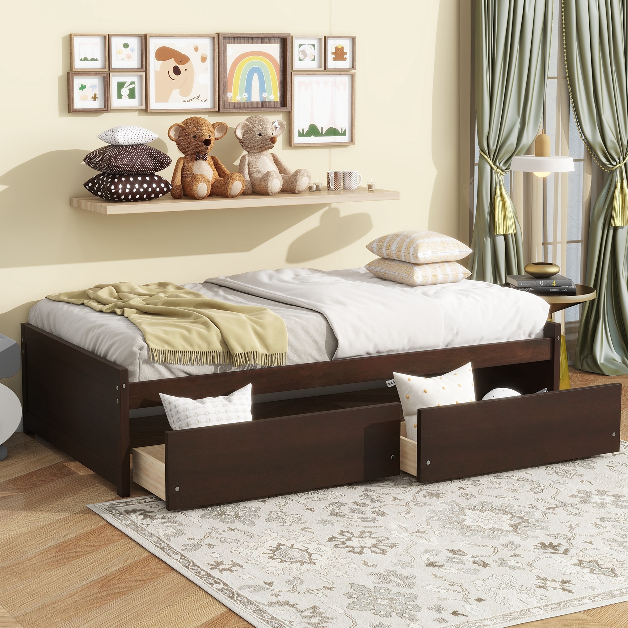 Twin Size Bed with 2 Drawers, Solid Rubber Wood Bed