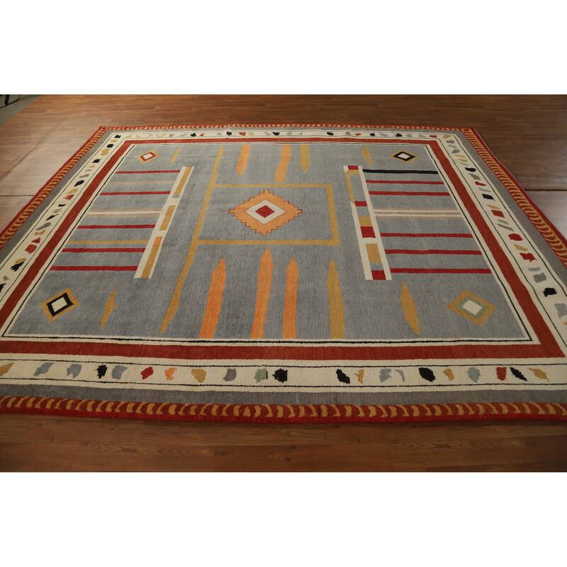 Hand Knotted Oriental 100% Wool Carpet Modern Geometric Greys & Charcoal Gabbeh Area Rug - 9' 11'' X 8' 1''