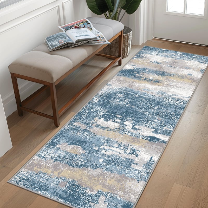 Mcow Modern Abstract Blue & Cream Low-Pile Area Rug