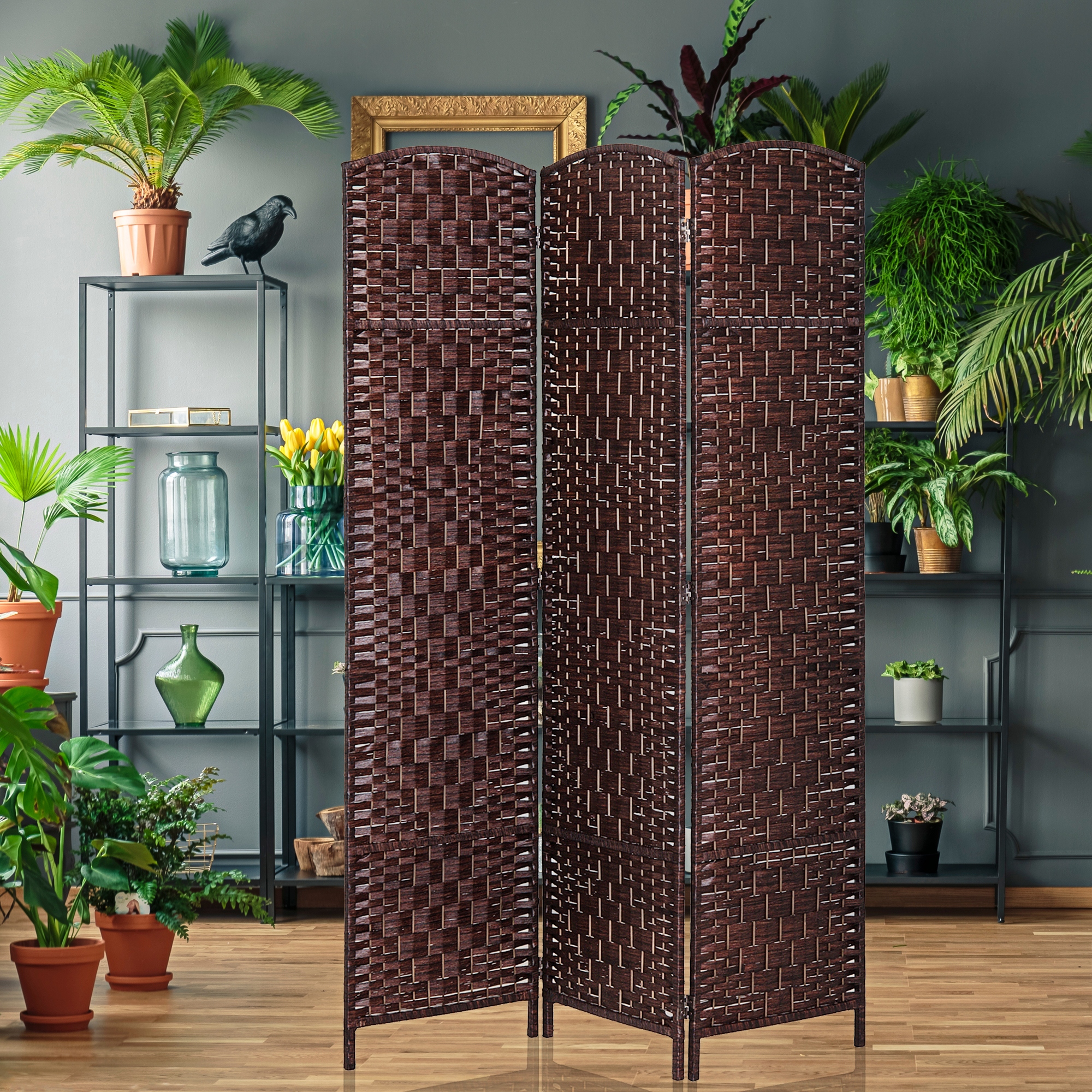 HomCom 6' Tall Wicker Weave Three Panel Room Divider Privacy Screen - Chestnut Brown